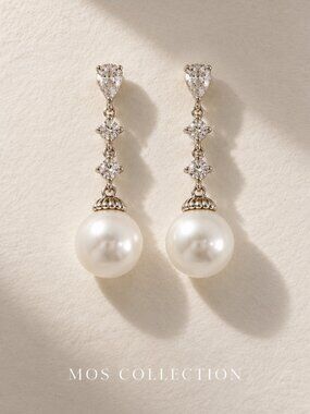 Pearl Crystal Drop Earrings Silver Statement Jewelry MOS COLLECTION